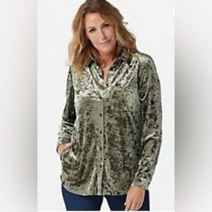 Belle By Kim Gravel Crushed Velvet Green Button Down Shirt Size:XXS